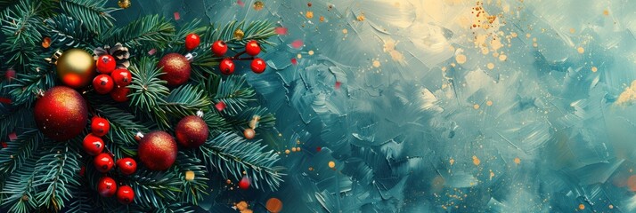 Christmas banner background with fir branches, tree toys, pine cones, snow, and snowflakes.