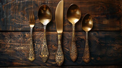 Elegant vintage gold cutlery set with intricate designs on wooden background, showcasing luxury and timeless beauty. - Powered by Adobe