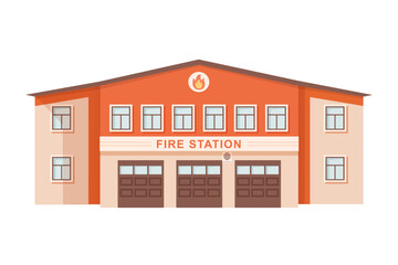Fire station building vector illustration. Modern firehouse facade. Front view of entrance in fire department. Public urban infrastructure infographics