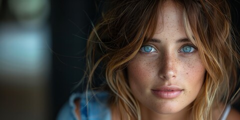 Closeup Portrait of a Woman with Blue Eyes and Freckles, Exemplifying Natural Beauty