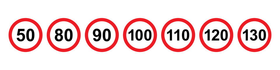 Speed limit signs set, traffic pictogram collection with road signals of circle shape