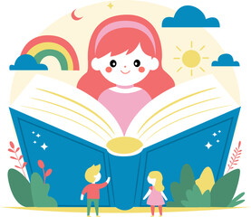 Cartoon illustration of happy children reading a book together