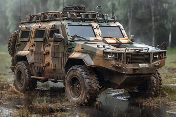 A military transport vehicle with adaptive camo driving through a puddle of water