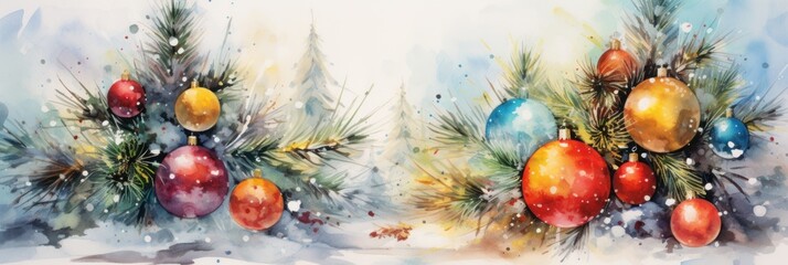 Winter Christmas background featuring fir branches, tree toys, pine cones, snow, and decorative snowflakes.