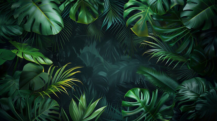 Dark forest scene featuring lush green palm tree and monstera leaves.