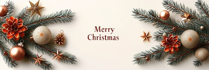New Year's Christmas background with fir branches, Christmas tree decorations and the inscription "Merry Christmas".