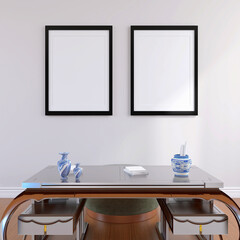 Living Room Wall Poster Frame Mockup with Modern Interior Design and House Background