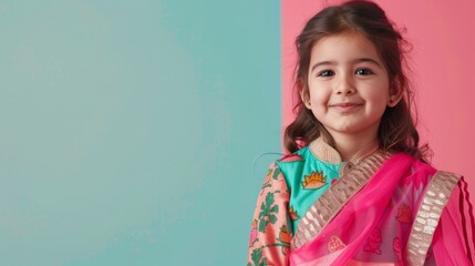 A young girl joyfully twirls in a vibrant pink and green sari