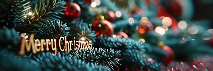 Christmas background with fir branches, tree decorations and "Merry Christmas" lettering for a holiday banner.