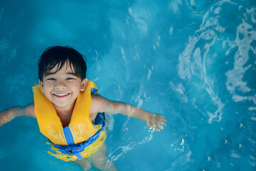 happy asian child wearing yellow swim attire, swimming in the pool with blue water