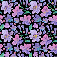 Seamless pattern of hand drawn watercolor flowers floral lilac plants, leaves. Herb flower. Drawing summer Botanical greenery illustration on black background. For fabric, wallpaper, wrapping decor