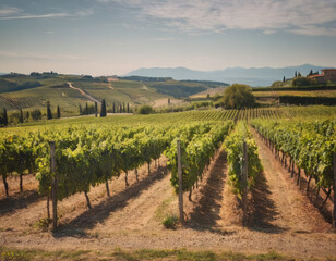 Un muretto di mattoni rossi segna il confine dei vigneti, integrandosi perfettamente nel paesaggio.
