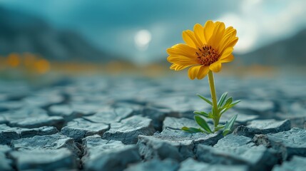 A yellow flower is growing in the middle of a rocky, dry desert. The flower is small and fragile, but it is determined to grow in the harsh environment. Concept of resilience and hope