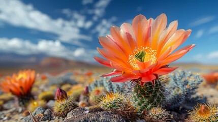Solitary cactus flower in a desert setting, sharp focus with expansive sky