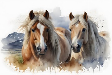 Icelandic horses in watercolor style
