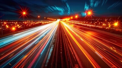 Urban traffic moves swiftly along a city highway during the evening rush hour, with car headlights and bustling night transport creating an abstract long exposure photograph with a motion blur 