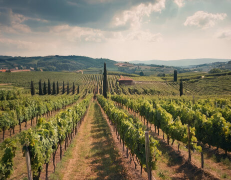 File ordinate di vigneti si snodano lungo le colline, simmetriche e rigogliose sotto il cielo limpido.
