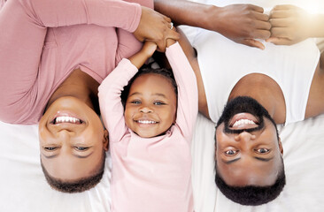 Top view, family and portrait to relax on bed with embrace, bonding and love for care for smile on...