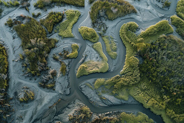 Obraz premium Aerial view of intricate water patterns and vegetation in wetlands, creating an abstract, minimalist composition. 