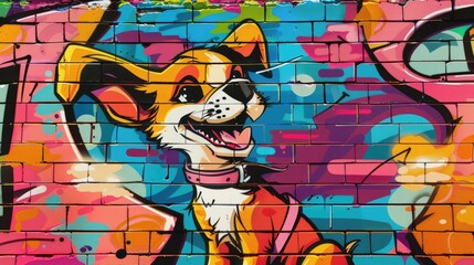 Dynamic Pop Art Comic Street Graffiti Featuring a Playful Dog on a Brick Wall. Creative and Colorful Poster Design.
