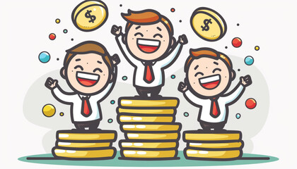 Vector illustration of businessman proudly standing on the huge money staircase. Flat style business concept