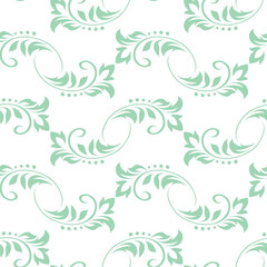 Vintage seamless plant pattern of light green stylized leaves, flowers and curls on white background. Retro style. Vector backdrop, texture for victorian wallpapers, wrapping paper, fabric