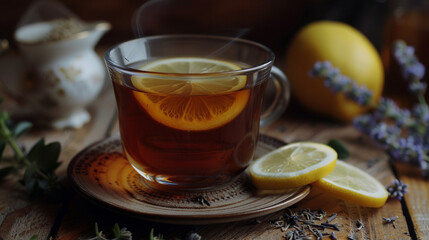 glass cup of tea on a wooden table