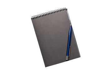 Top view of closed spiral blank dark paper cover notebook with pencil isolated on white background