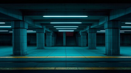 Empty subway platform with blue lighting