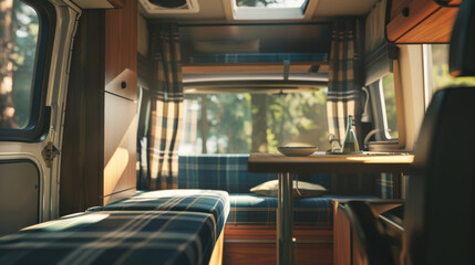 Cozy and inviting camper van interior basked in warm sunlight, ready for an adventure.