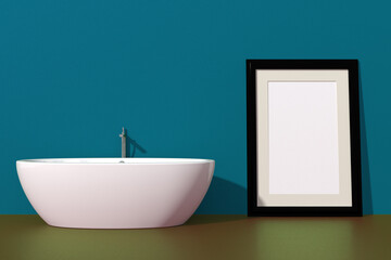 Parete e pavimento colorati con vasca da bagno e cornice vuota © albasu