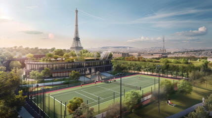 Naklejka premium a tennis court in front. of the eiffel tower in France 