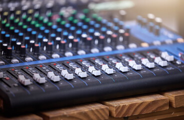 Fototapeta premium Sound, board and amplifier mixer for music, volume or tone control, technology and broadcasting for equalizer or radio. Record equipment, production and engineering machine, media and entertainment.