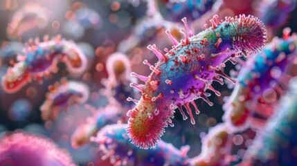 Fototapeta premium Close-up view of body microbes captured through macrophotography, intricate details of microorganisms