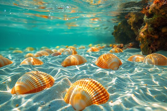 Close-up of seashells on a sandy ocean floor with sunbeams shining through the water.