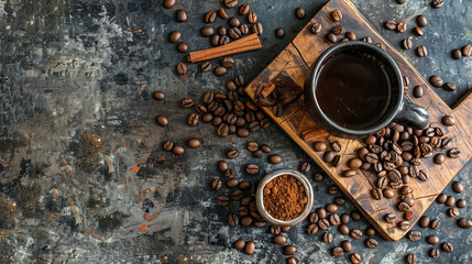 black cup of coffee on a wooden board