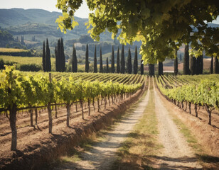 Obraz premium I cipressi fiancheggiano i filari di viti, disegnando linee precise e affascinanti sul paesaggio toscano. 