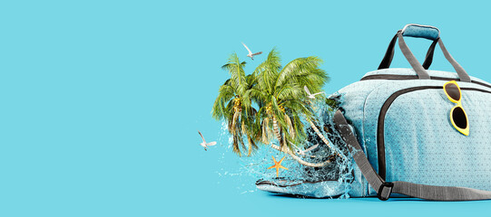 Travel bag with palm trees and sea water on blue background with copy space. Summer travel concept...