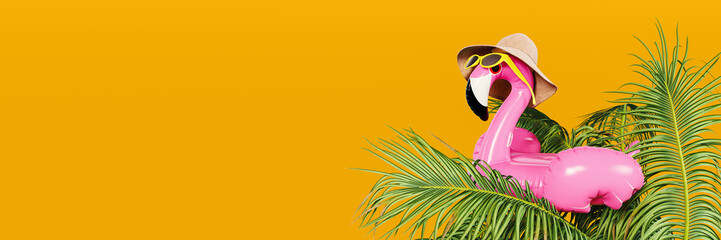 Pink flamingo with hat and sunglasses on palm tree. Summer travel concept design on orange background with copy space. 3D Rendering, 3D Illustration