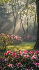 Enchanted Morning in Blossoming Spring Forest with Sunbeams