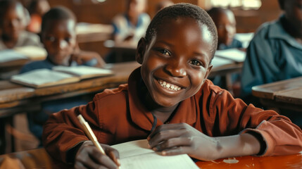 A cheerful young student writing diligently in a bright classroom setting.