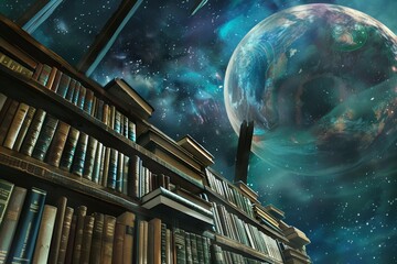 An otherworldly library with books lining the walls under a celestial sky featuring a close-up planet