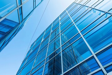 Obraz premium Modern glass skyscrapers in the city, low angle view of office buildings with blue windows against a clear sky background.