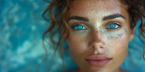 Closeup of woman with glittery makeup and blue eyes, looking captivating and glamorous