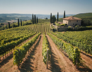 L&rsquo;ombra dei cipressi si allunga sui vigneti, aggiungendo profondit&agrave; e carattere alla scena.
