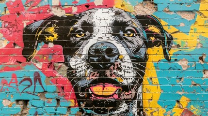Dynamic Pop Art Comic Street Graffiti Featuring a Playful Dog on a Brick Wall. Creative and Colorful Poster Design.
