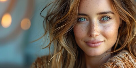 Fototapeta premium Woman in a sweater, smiling with freckles, bright eyes, wavy hair, in a closeup portrait