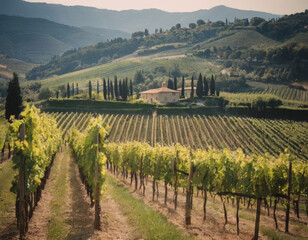 Naklejka premium Le colline verdi si alternano a macchie di colore dei vigneti, creando un mosaico naturale spettacolare. 