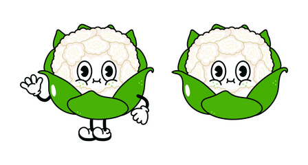 Cauliflower character. Vector hand drawn traditional cartoon vintage, retro, kawaii character illustration icon. Isolated on white background. Cauliflower character concept