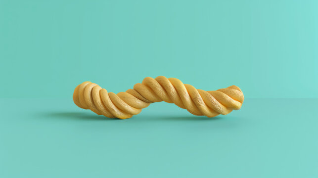 A close-up image of a twisted golden breadstick against a turquoise background, showcasing the texture and swirls of the baked snack.